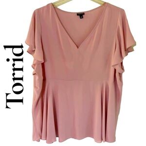 Torrid-Gorgeous blush pink blouse. 4X V-neck, flutter sleeve, silky. Like new!!!